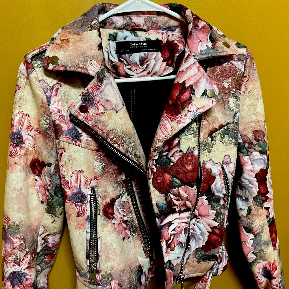 Zara suede effect floral bomber jacket XS